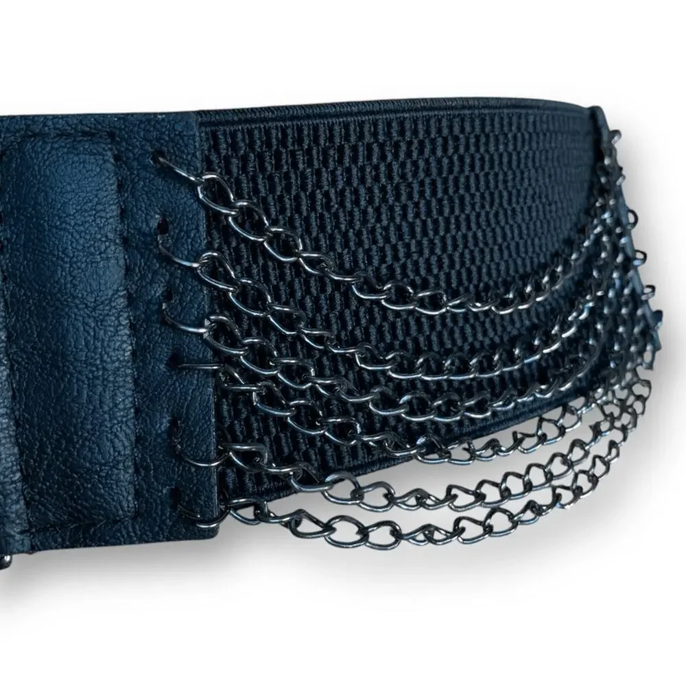 Vintage Y2K Black Leather Layered Chain Belt Festival Statement Edgy Accessory